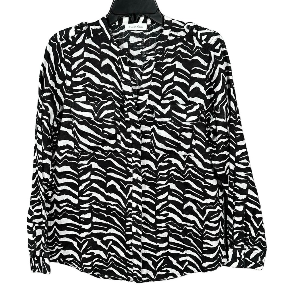Calvin Klein Zebra Print Linen Button Up Blouse Womens M Roll Tab Sleeve Chic